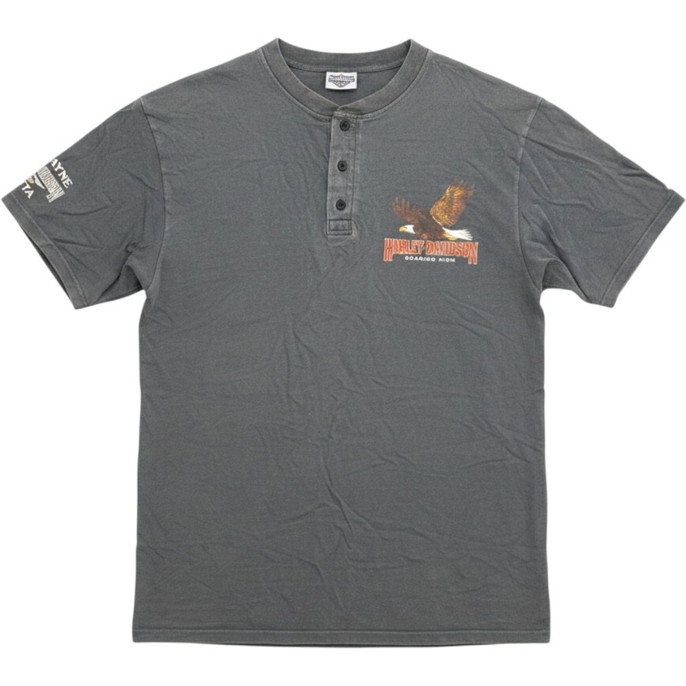 Harley-Davidson‎ Mens Henley Shirt Gray Soaring High Eagle Ft Wayne Indiana L